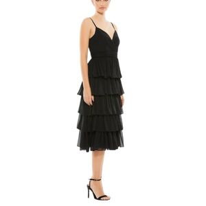 NWT Mac Duggal Elegant Solid Black Tiered Midi Dress Size 2 MSRP $398